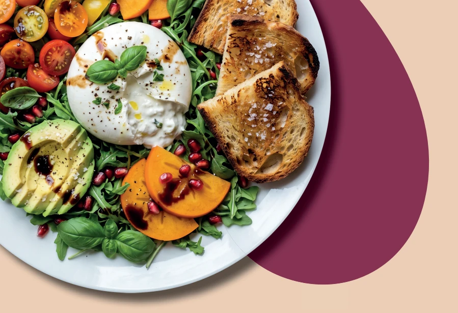 Burrata Renaissance mit Avocado und Obst, Abbildung aus der Speisekarte