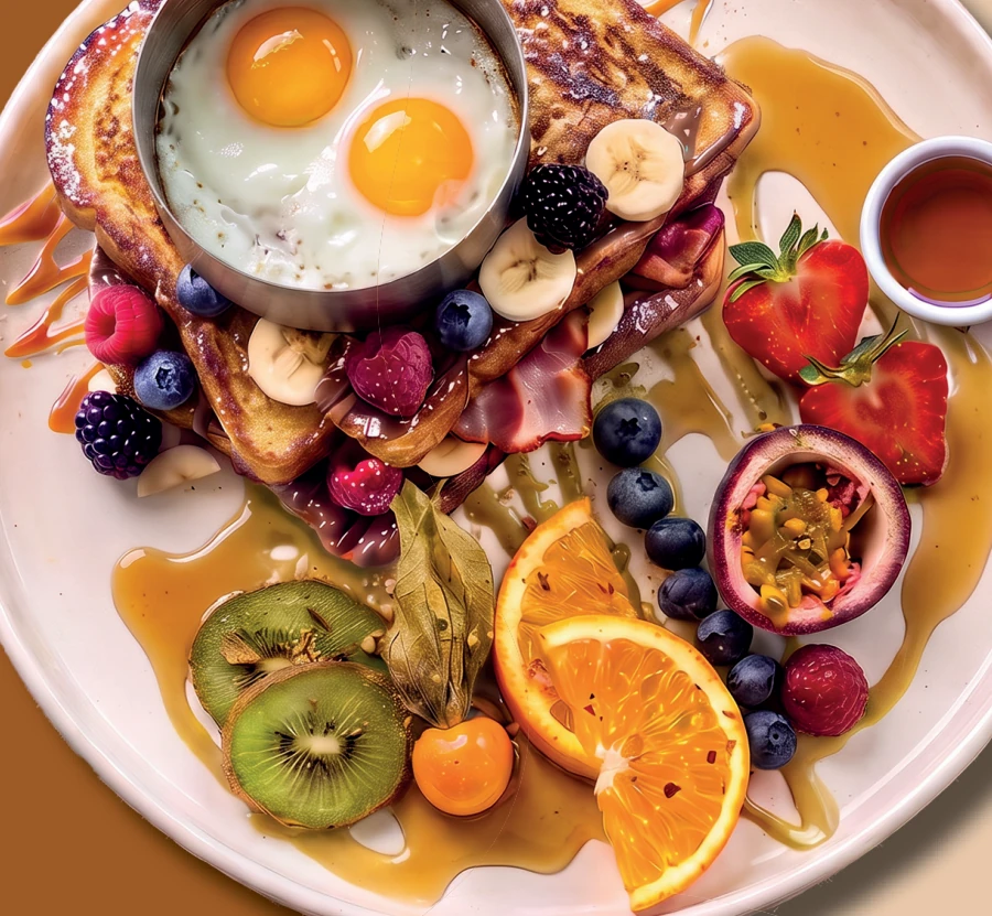 French Toast mit Beeren auf einem angerichteten Teller aus der Speisekarte