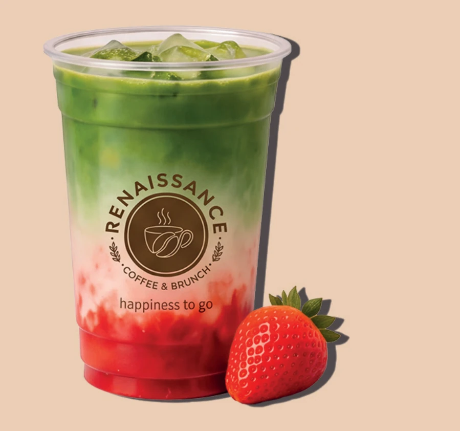 Strawberry Matcha im Renaissance-Becher, Abbildung aus der neuen Speisekarte