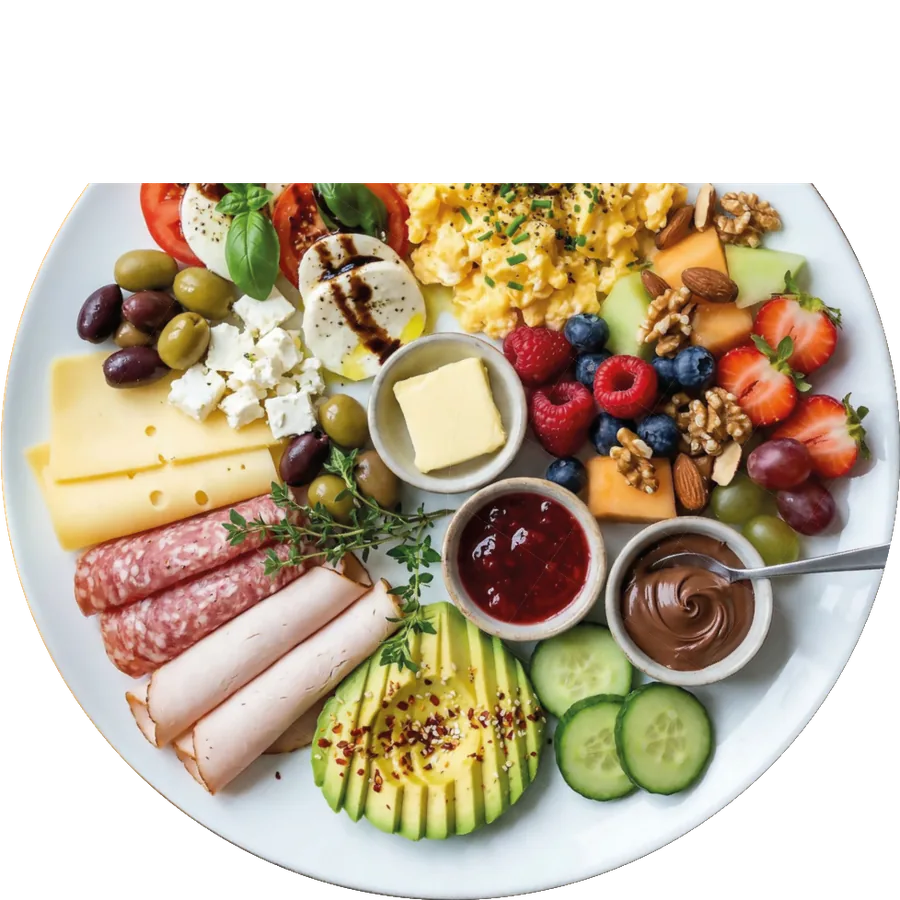 Renaissance-Brunch für zwei mit Käse, Aufschnitt, Avocado, Obst und Dips